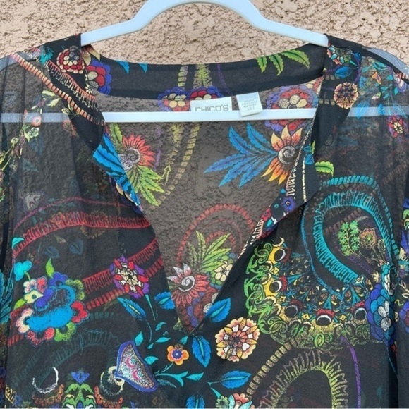 Chicos Sheer Silk Shirt 2 Womens Medium Paisley Floral Top, Swim Cover Up Tunic - Picture 4 of 16
